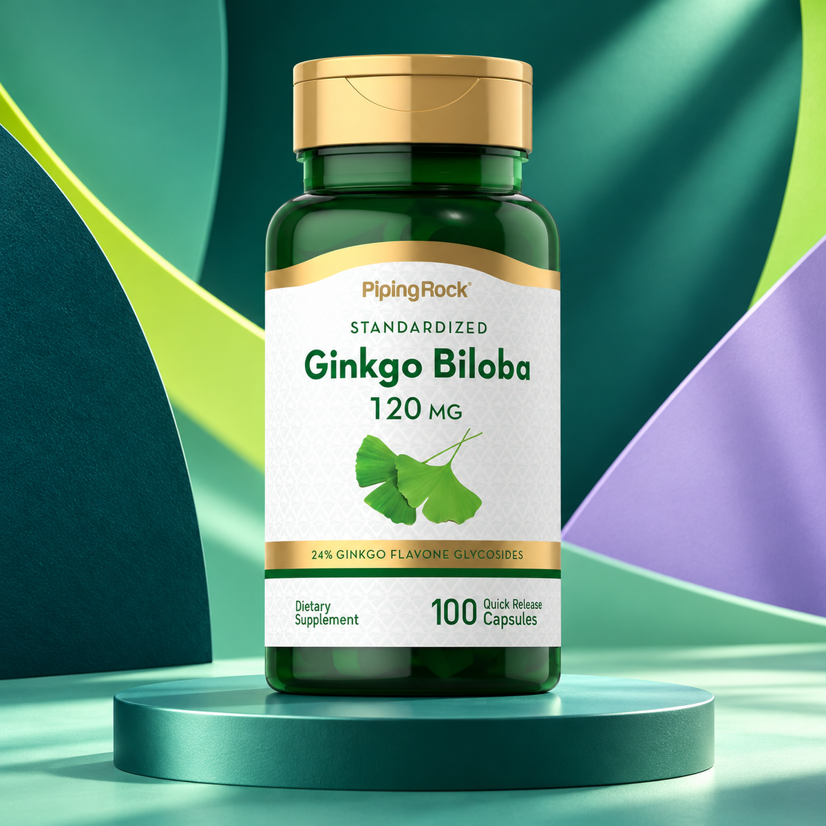 Ginkgo Biloba package shown on a sculpted teal studio display.