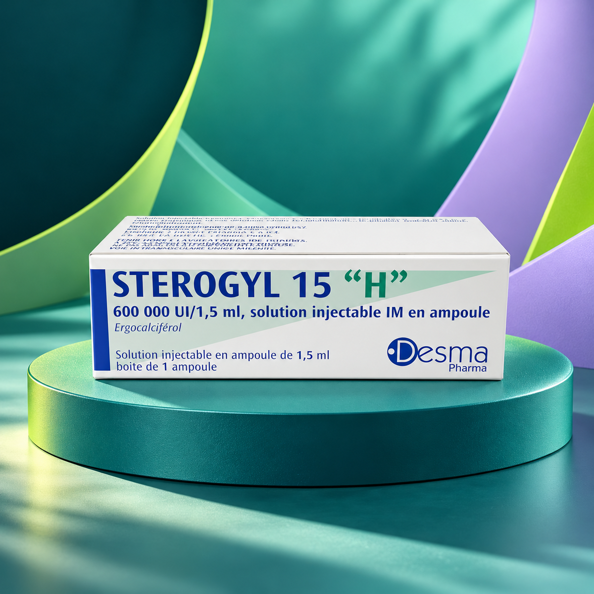 Sterogyl 15 H injection ampoule, 600,000 IU/1.5 mL, on a teal studio display.