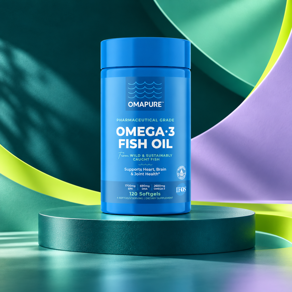 Omega L-N One Blue package shown on a sculpted teal studio display.