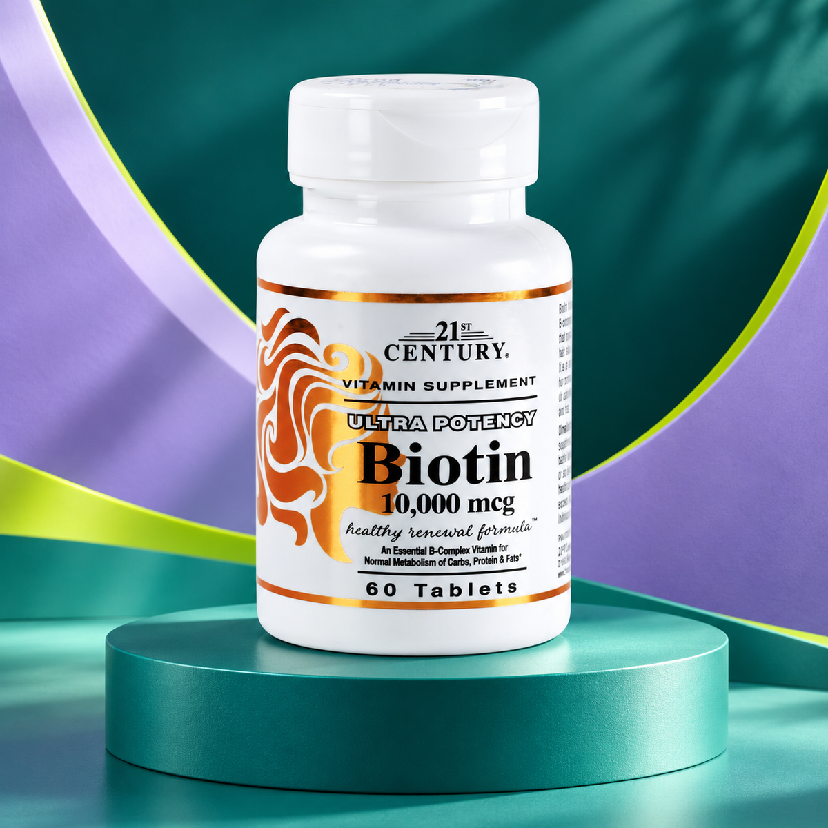 Biotin White 10000 package shown on a sculpted teal studio display.