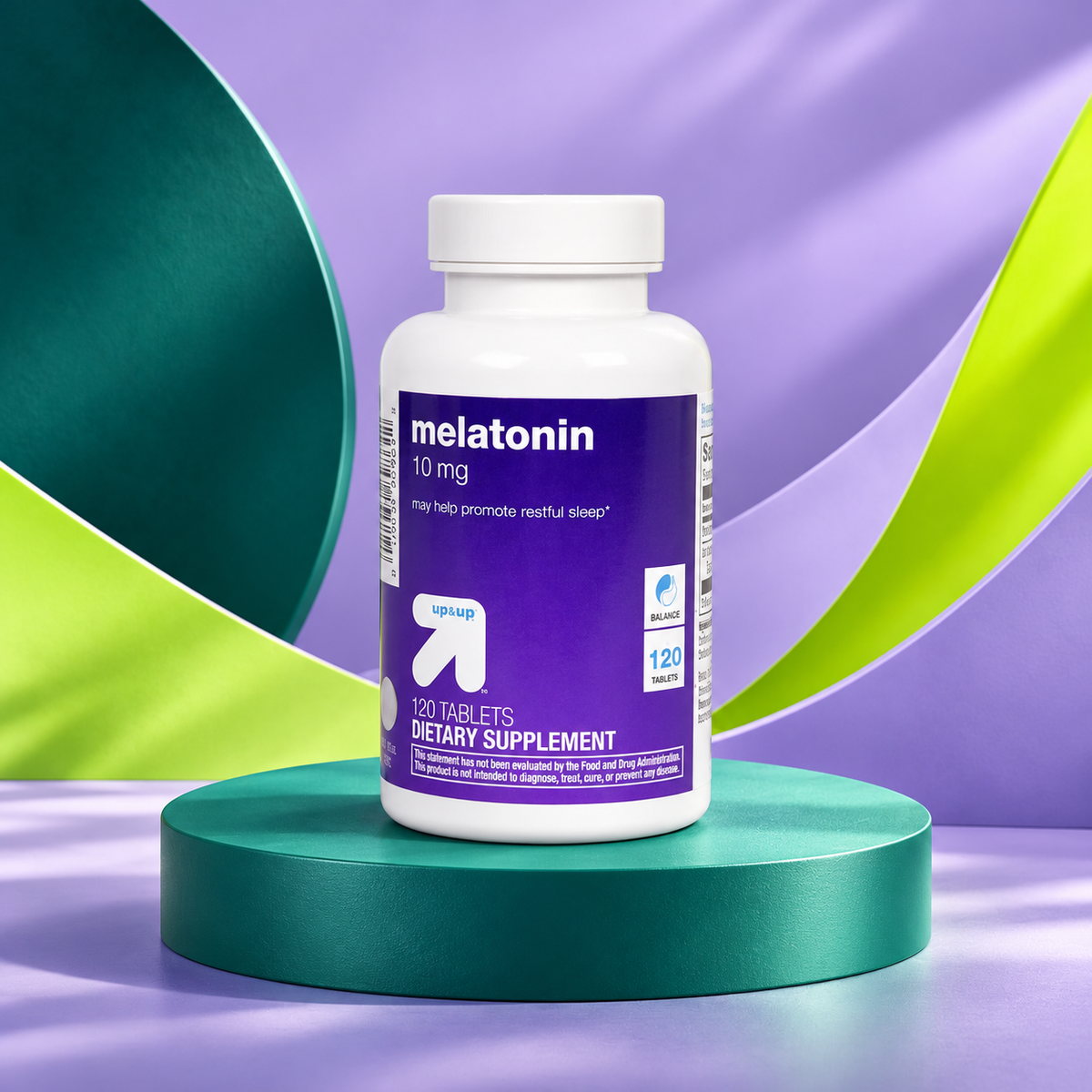Melatonin 10 mg package shown on a sculpted teal studio display.