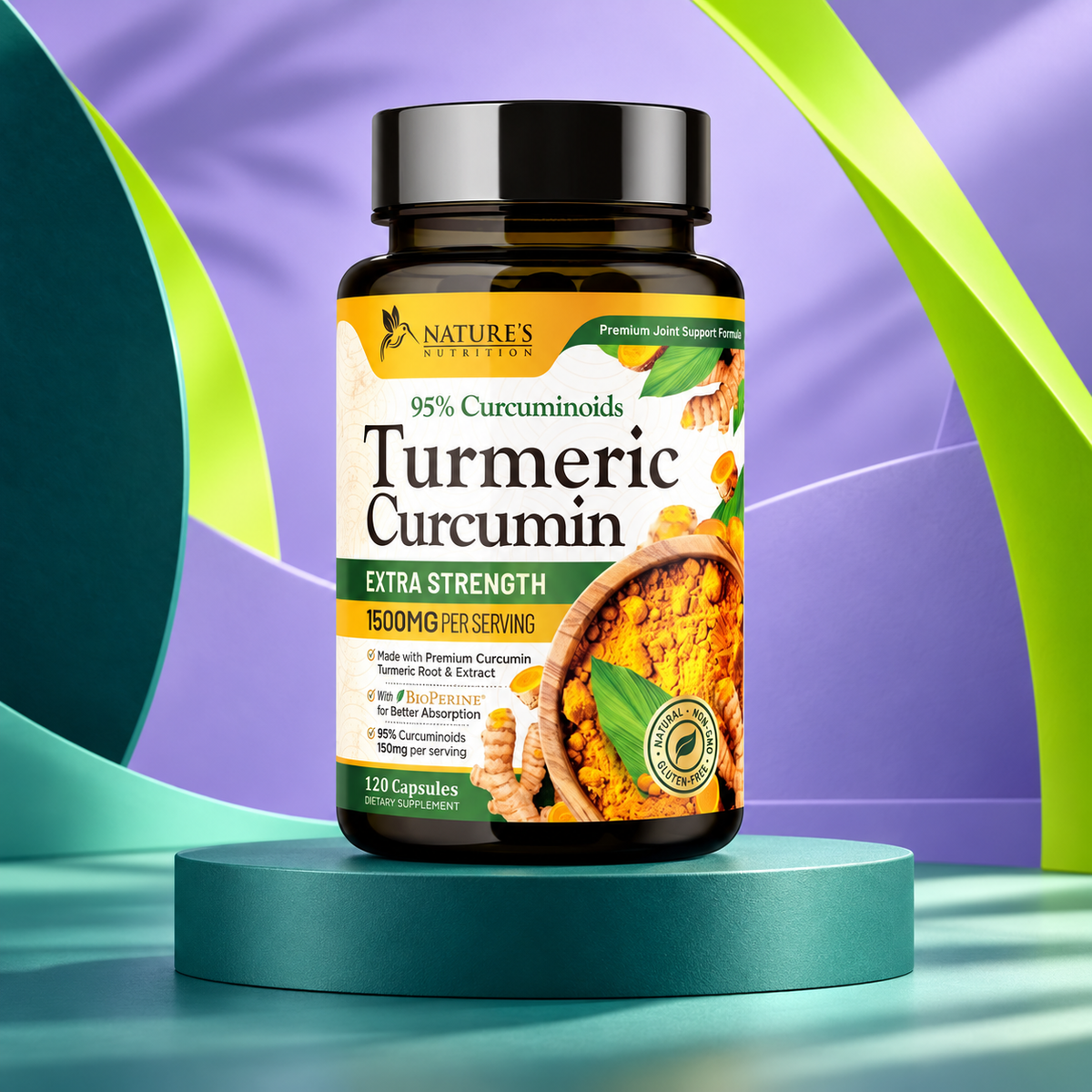 Curcumin package shown on a sculpted teal studio display.
