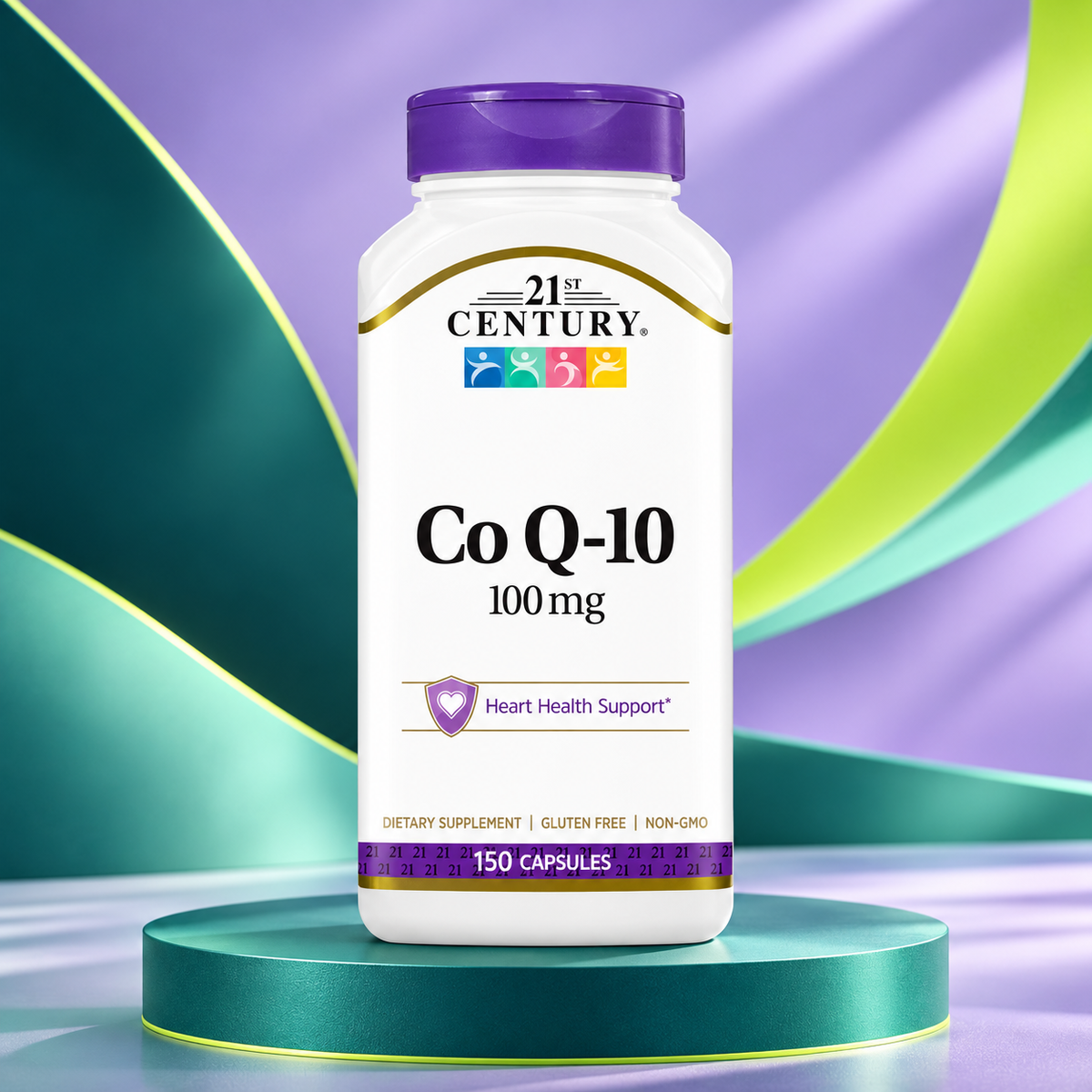 CoQ10 New Form package shown on a sculpted teal studio display.