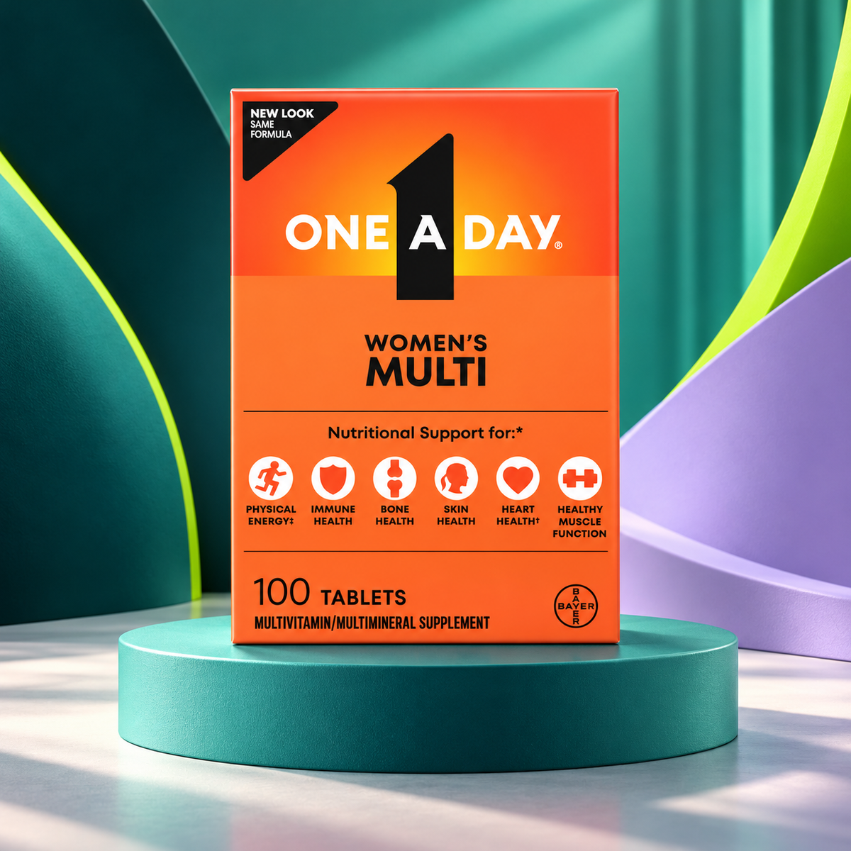One A Day Women 100 Tablets package shown on a sculpted teal studio display.