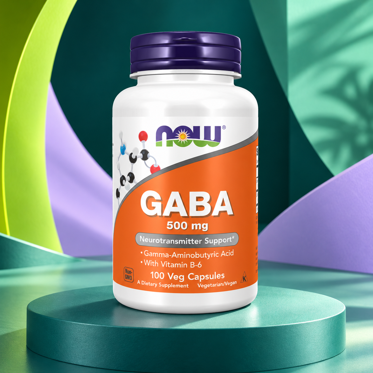 GABA package shown on a sculpted teal studio display.