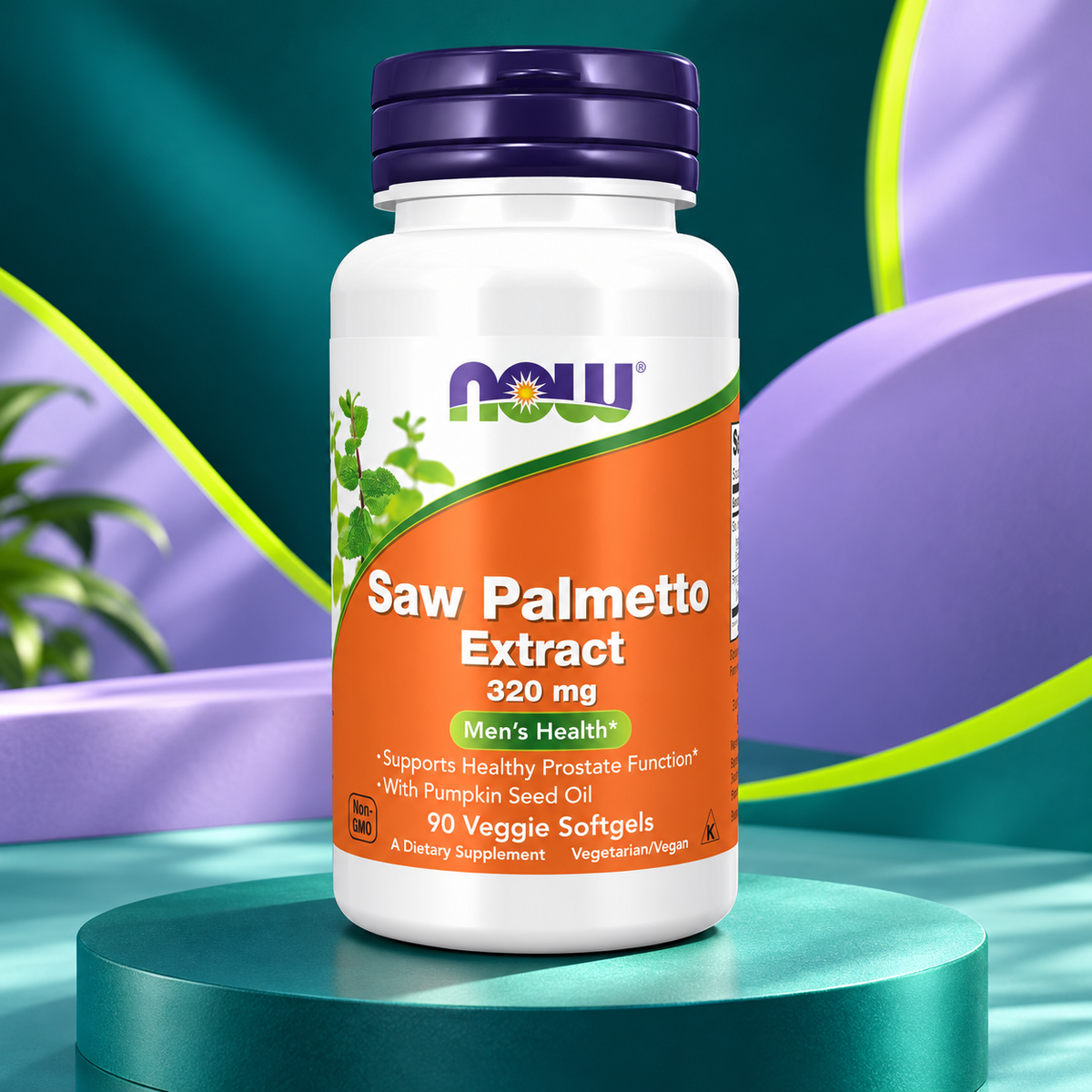 Saw Palmetto package shown on a sculpted teal studio display.