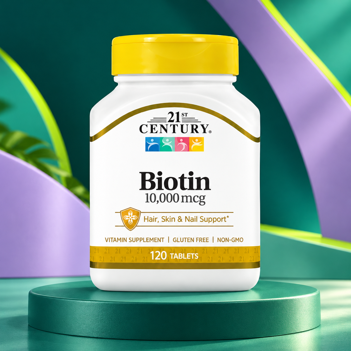 Biotin New Form package shown on a sculpted teal studio display.