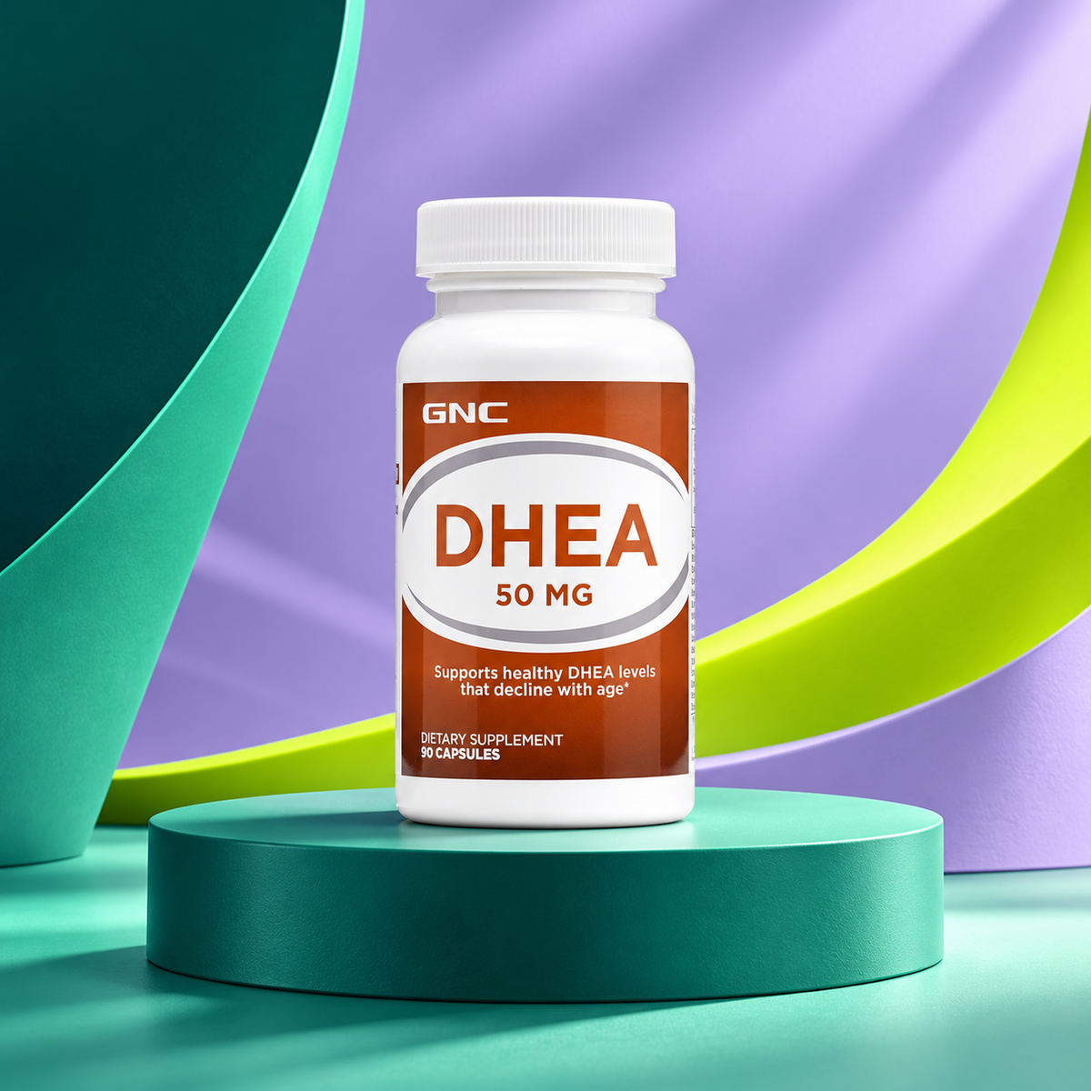 DHEA New Form package shown on a sculpted teal studio display.