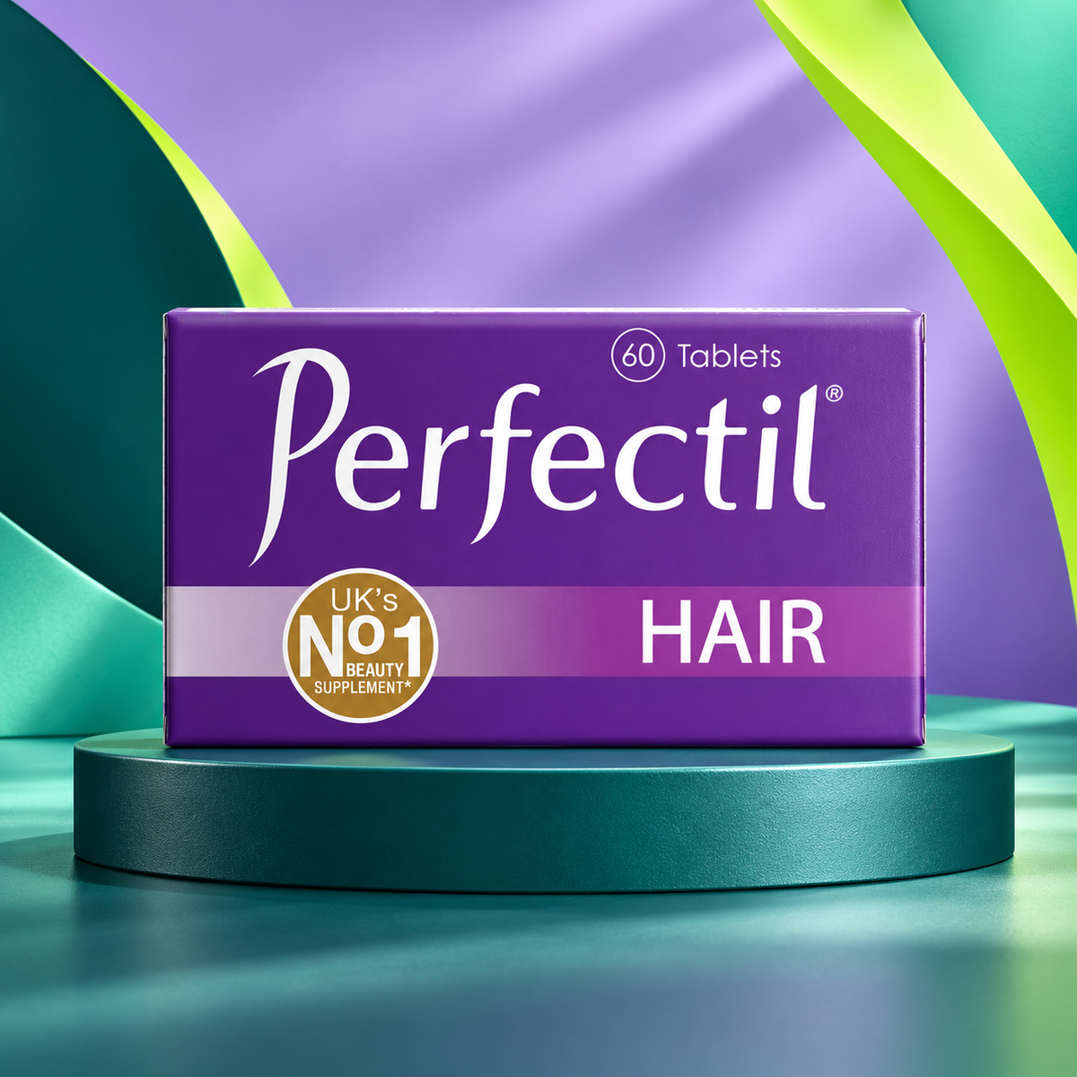 Perfectil Hair package shown on a sculpted teal studio display.