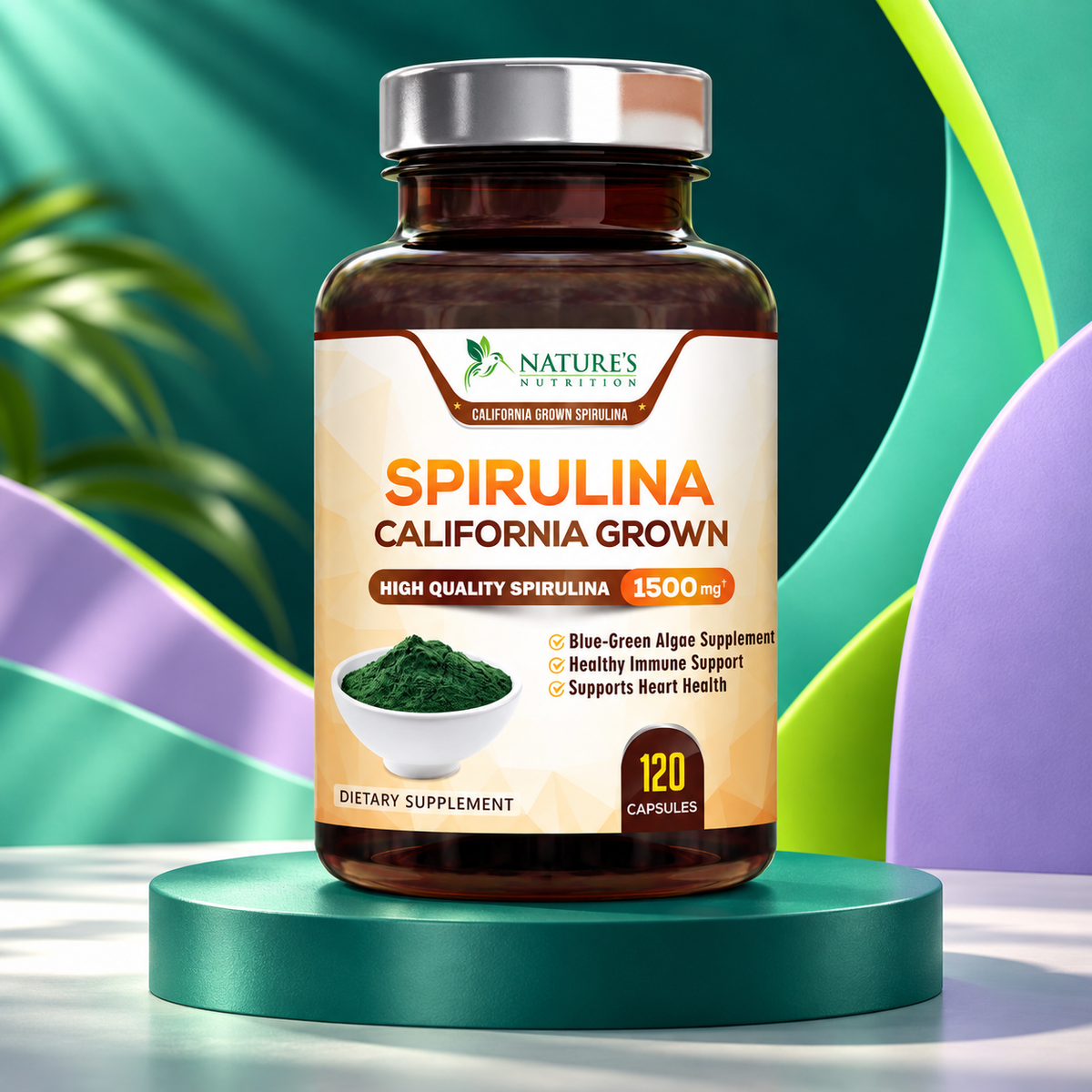 Spirulina package shown on a sculpted teal studio display.