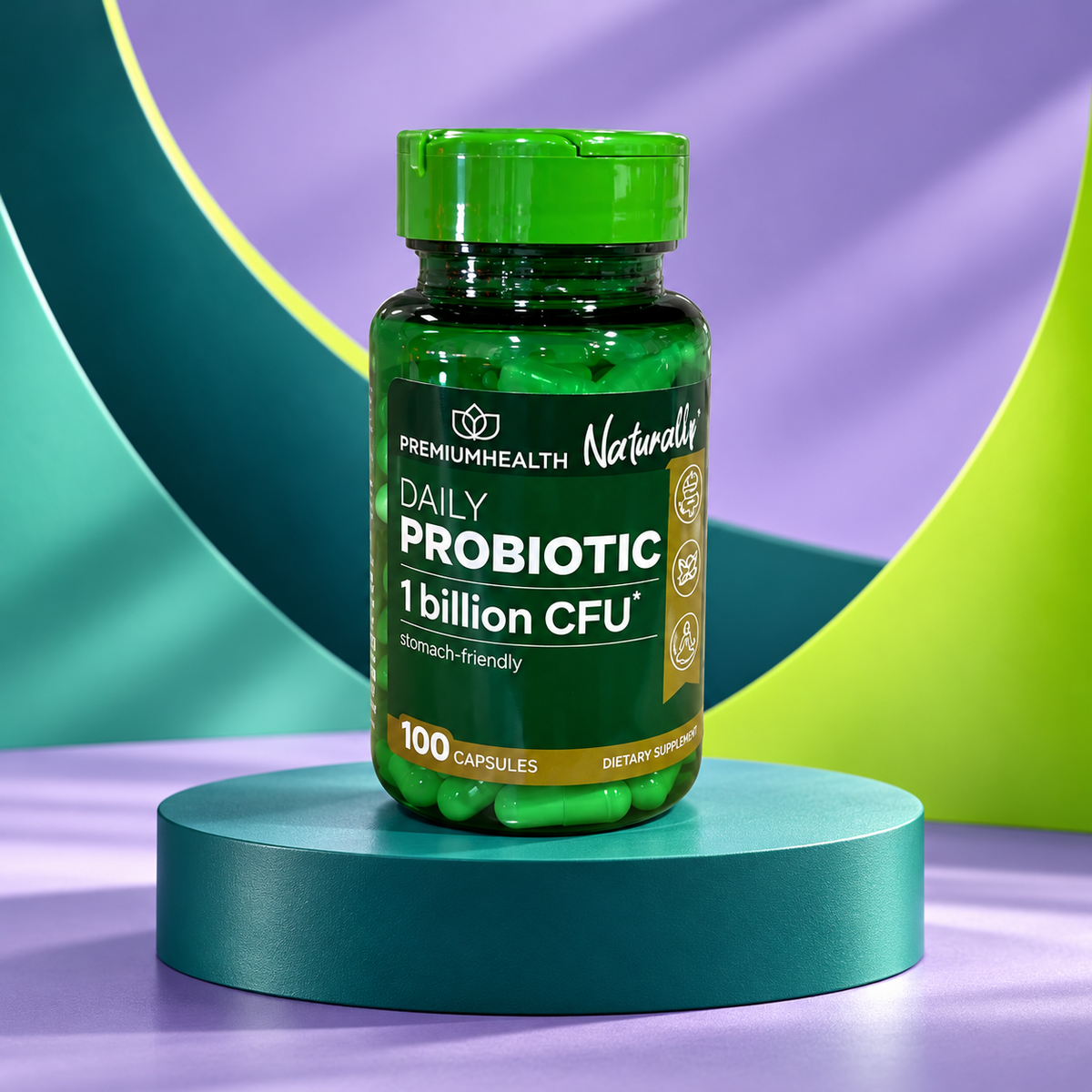 Probiotic (1000 Million Concentration) package shown on a sculpted teal studio display.