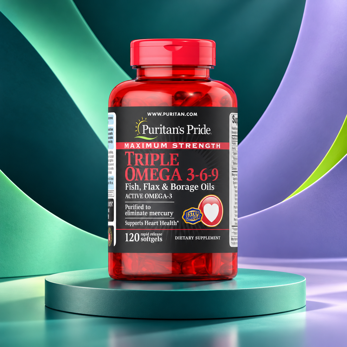 Triple Omega Red package shown on a sculpted teal studio display.