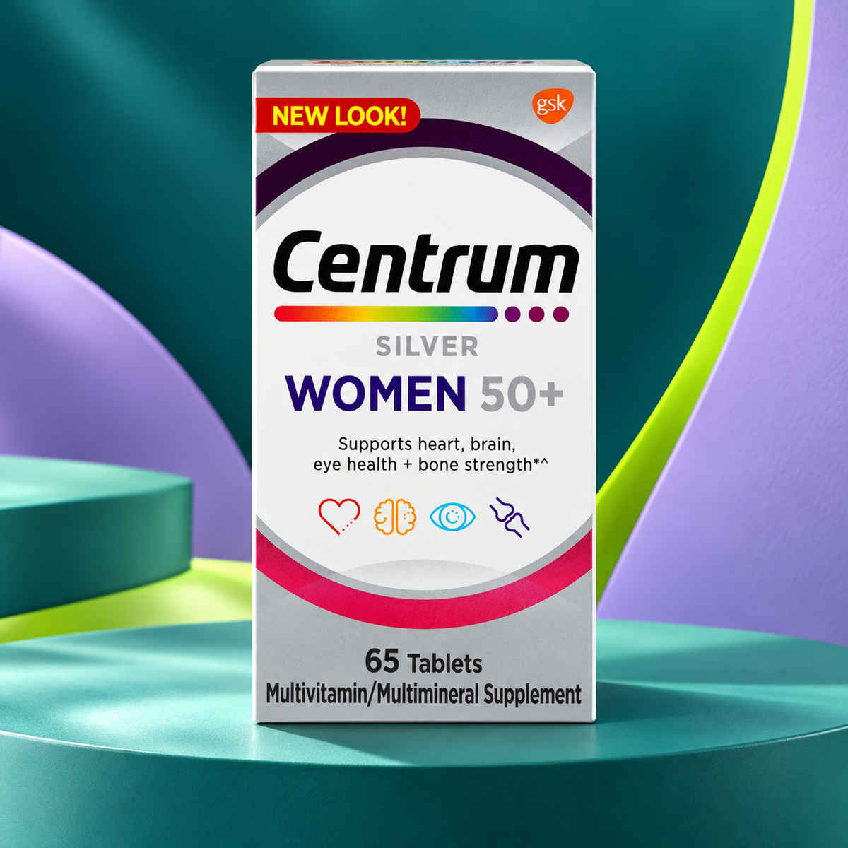Centrum Silver Women package shown on a sculpted teal studio display.