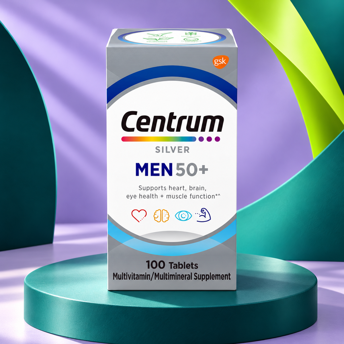 Centrum Silver Men package shown on a sculpted teal studio display.