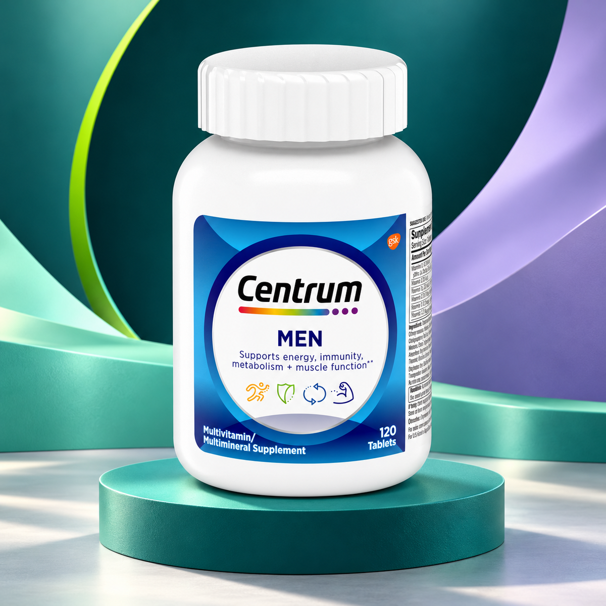 Centrum White Men package shown on a sculpted teal studio display.