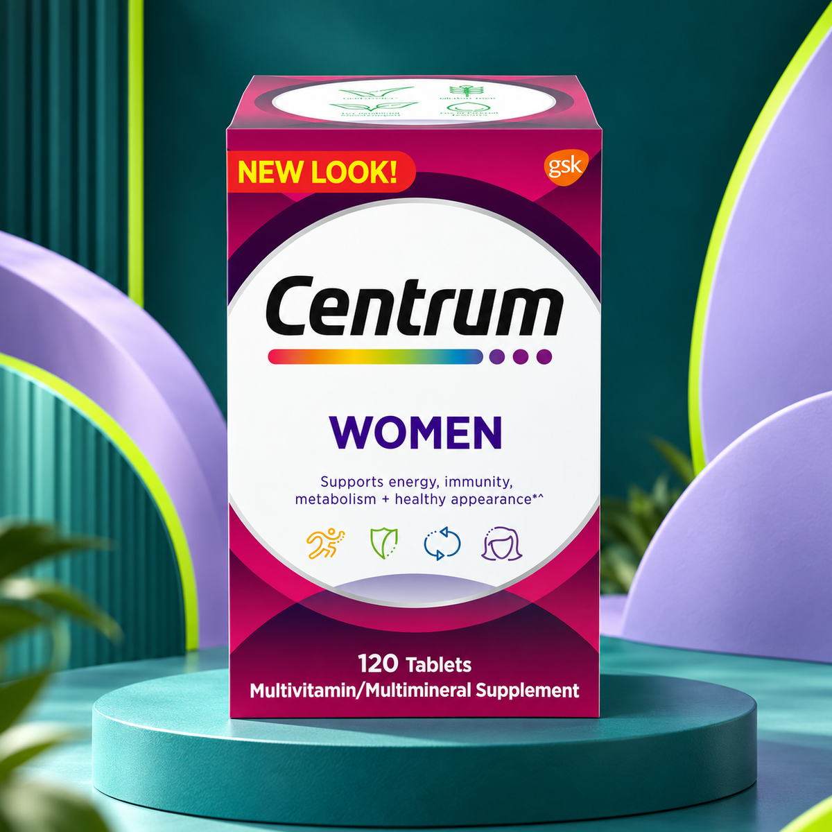 Centrum White Women package shown on a sculpted teal studio display.