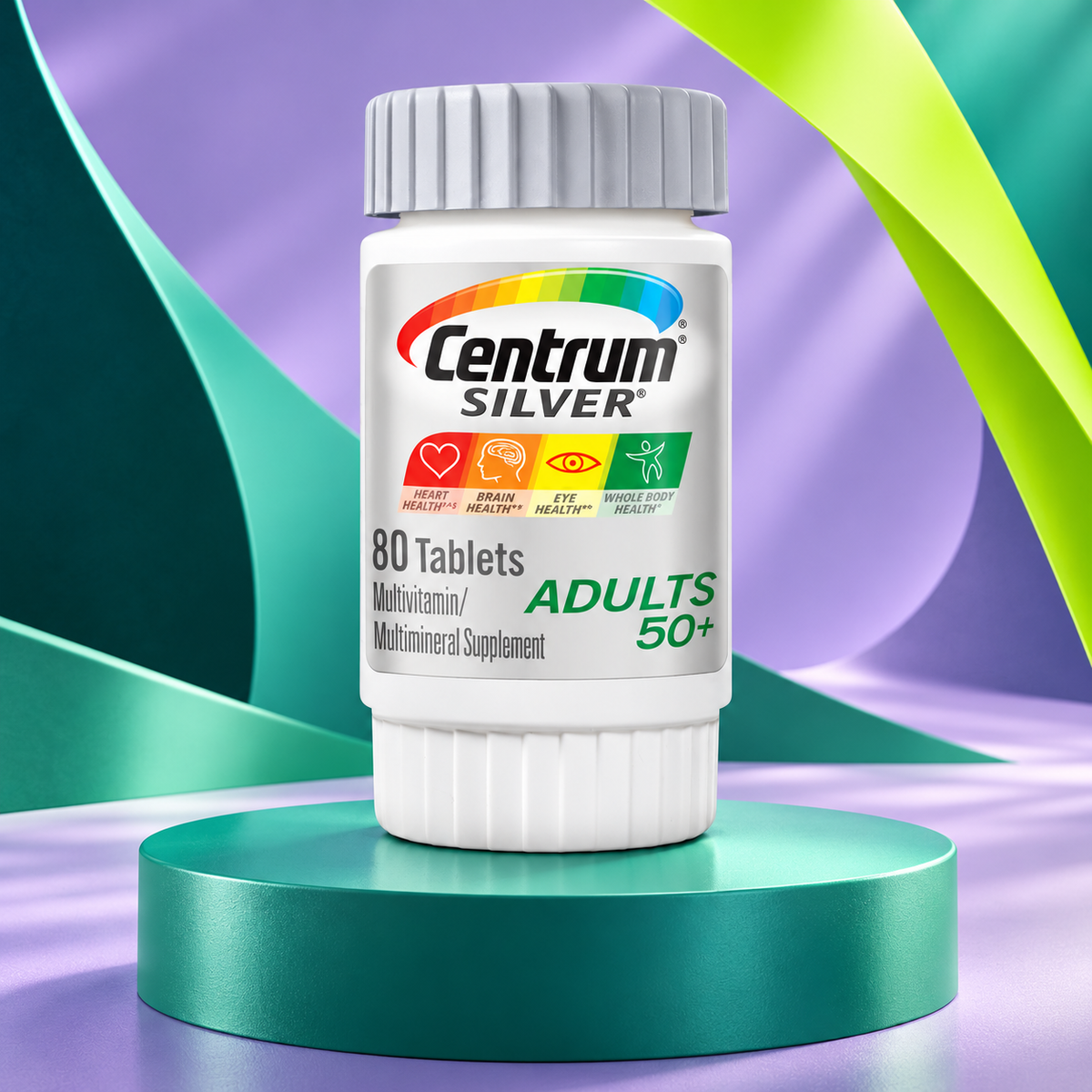 Centrum Silver Adult package shown on a sculpted teal studio display.