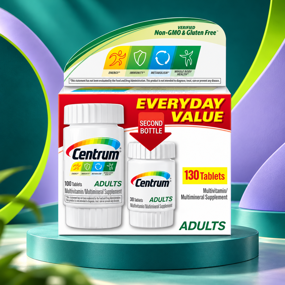 Centrum Offer package shown on a sculpted teal studio display.