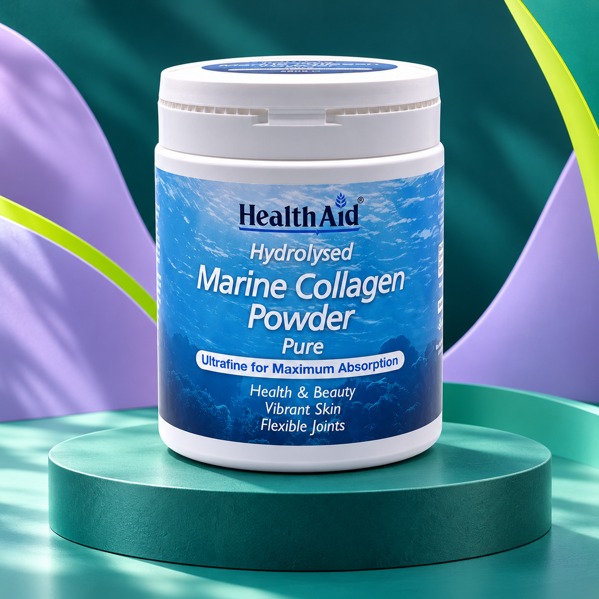 Marine Collagen New package shown on a sculpted teal studio display.