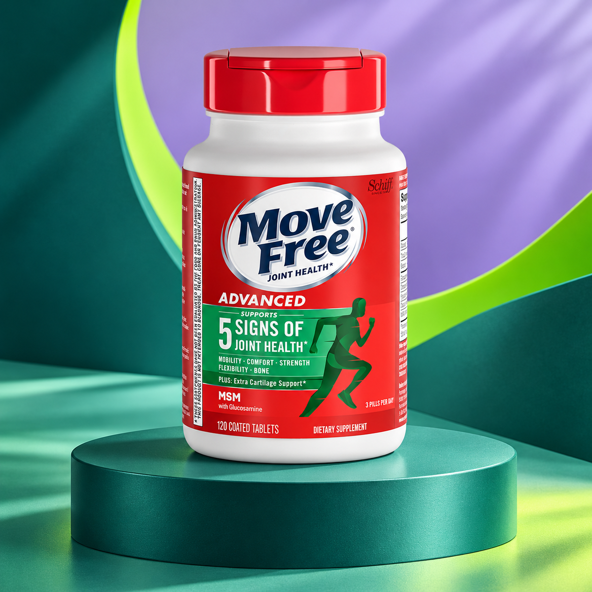 Move Free Advanced New package shown on a sculpted teal studio display.