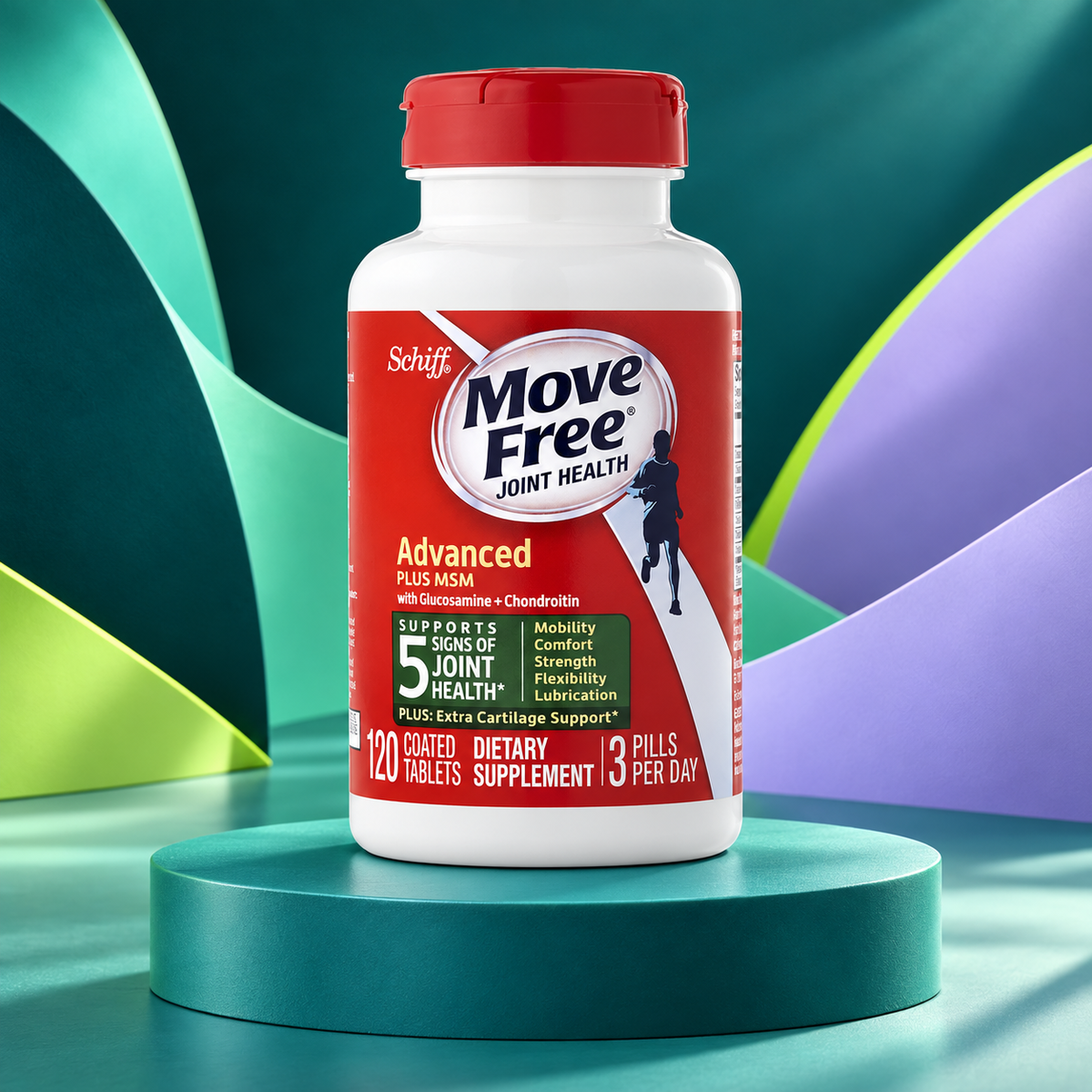 Move Free Advanced Old package shown on a sculpted teal studio display.