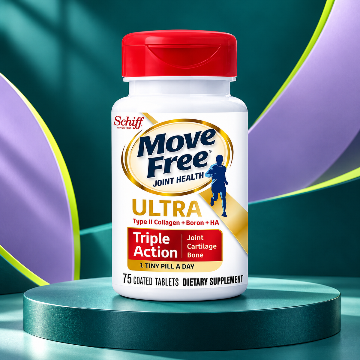 Move Free Ultra package shown on a sculpted teal studio display.