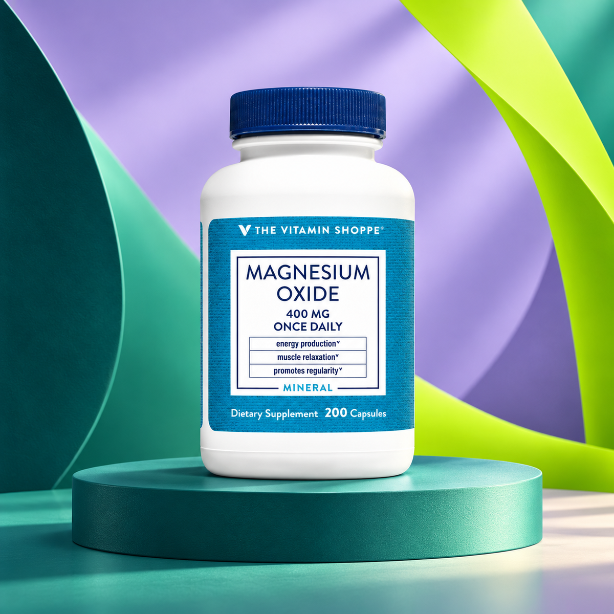 Magnesium Oxide package shown on a sculpted teal studio display.