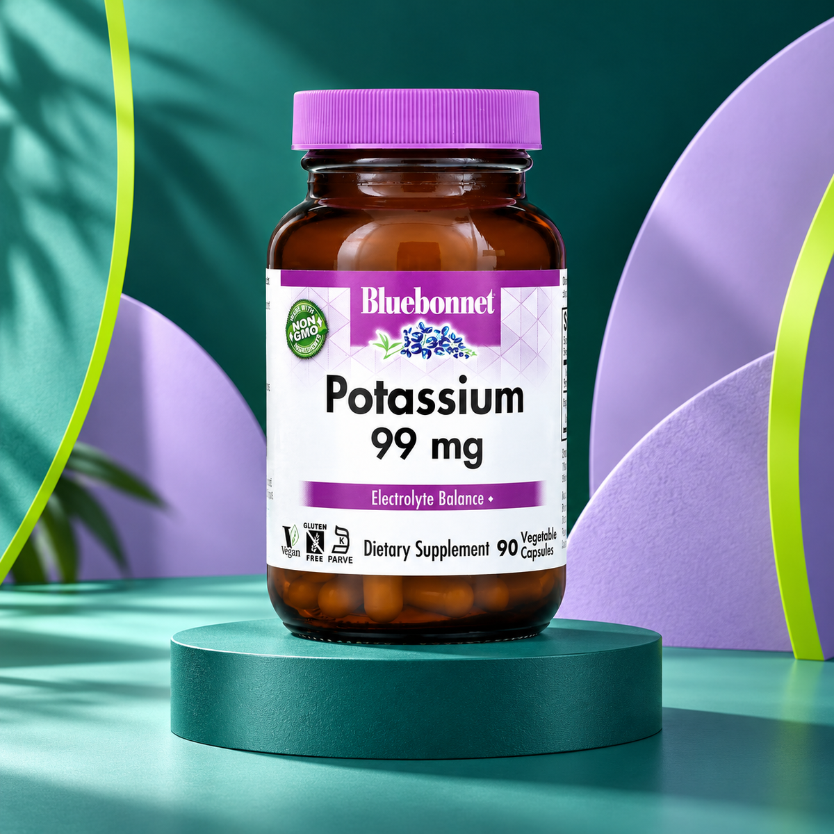 Potassium package shown on a sculpted teal studio display.