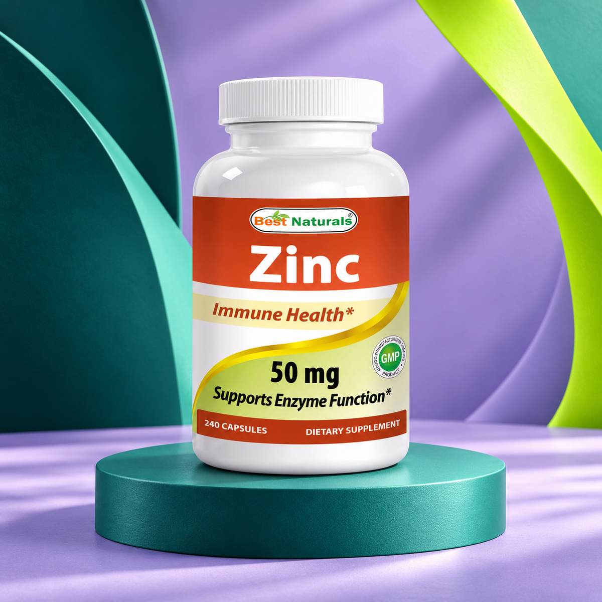 Zinc package shown on a sculpted teal studio display.