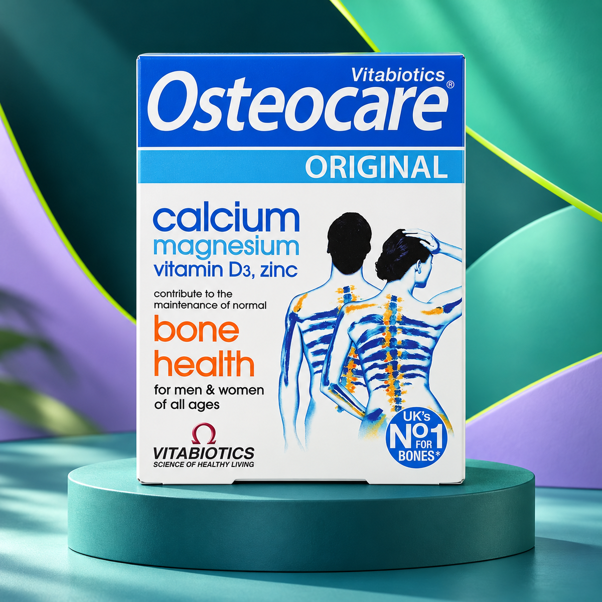 Osteocare package shown on a sculpted teal studio display.