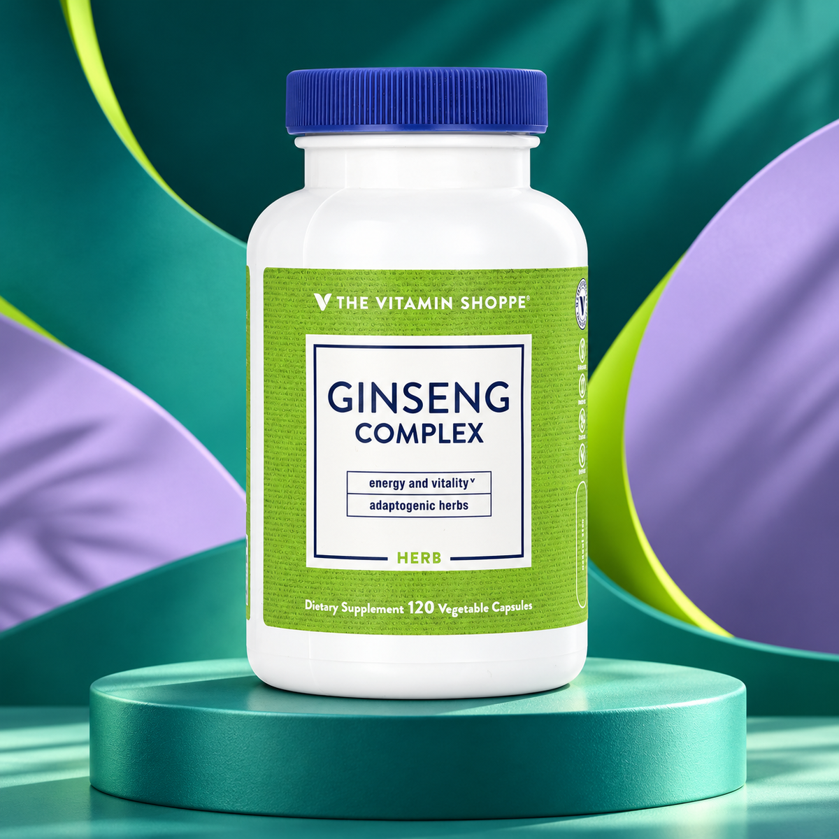 Ginseng Complex package shown on a sculpted teal studio display.