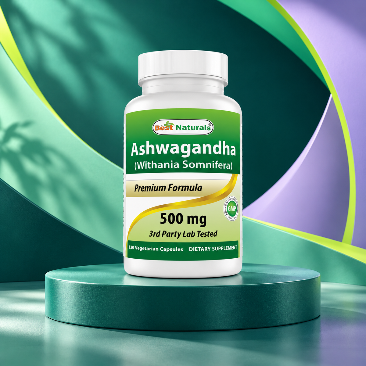 Ashwagandha package shown on a sculpted teal studio display.