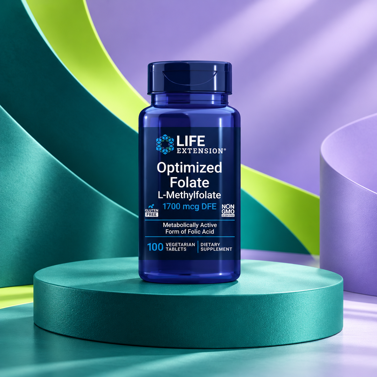 Methylfolate 1700 package shown on a sculpted teal studio display.