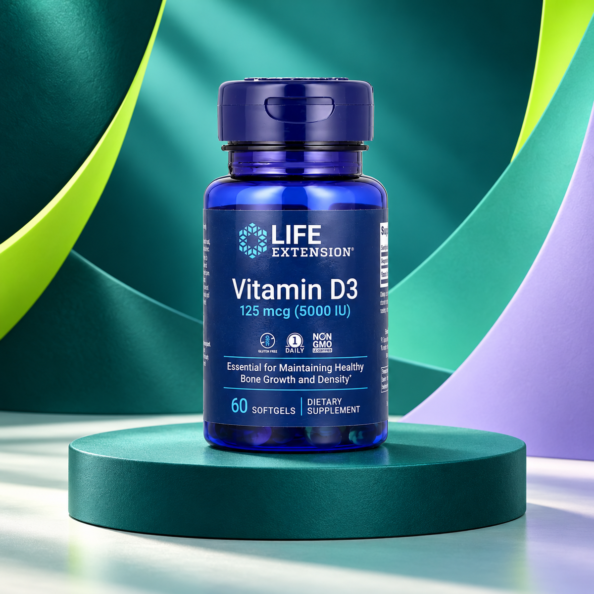 Vitamin D3 5000 Blue package shown on a sculpted teal studio display.