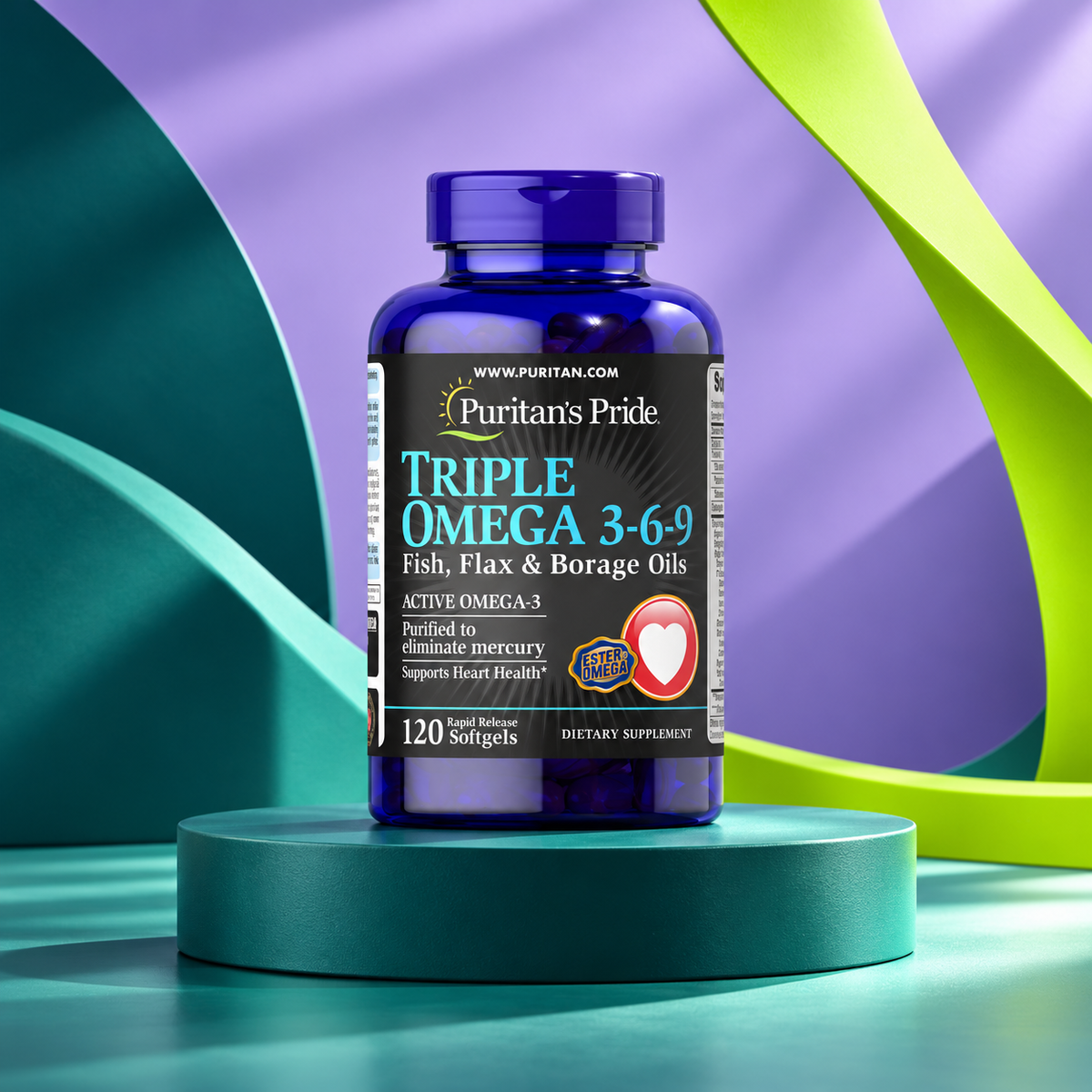 Triple Omega Blue package shown on a sculpted teal studio display.