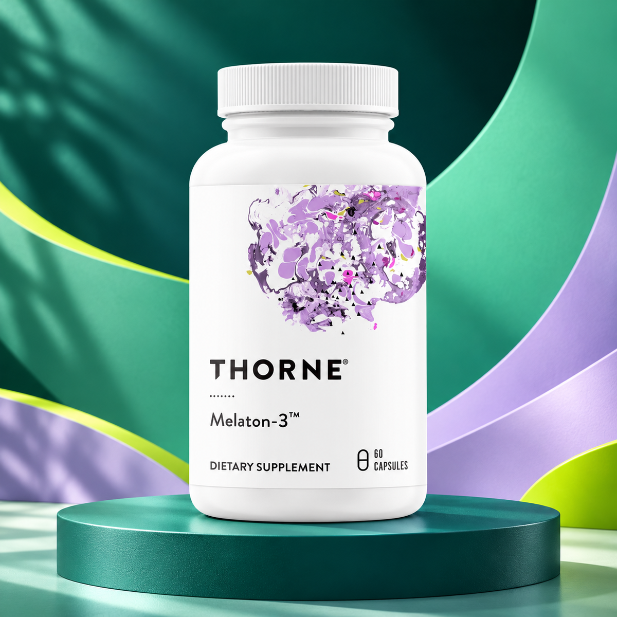 Melatonin 3 mg package shown on a sculpted teal studio display.