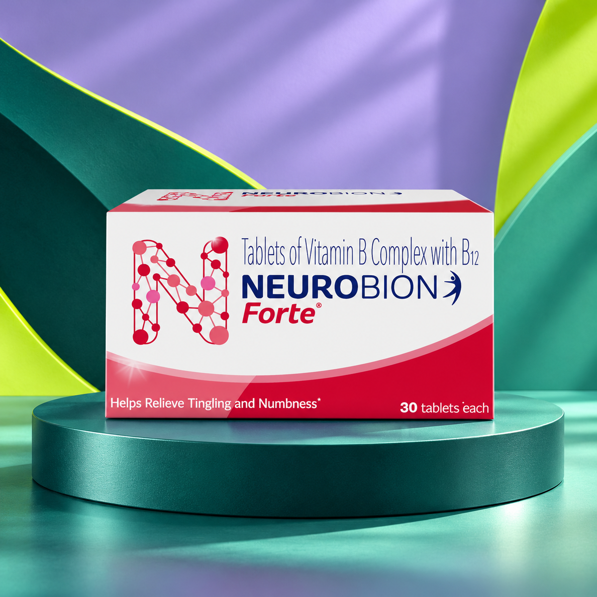 Neurobion package shown on a sculpted teal studio display.