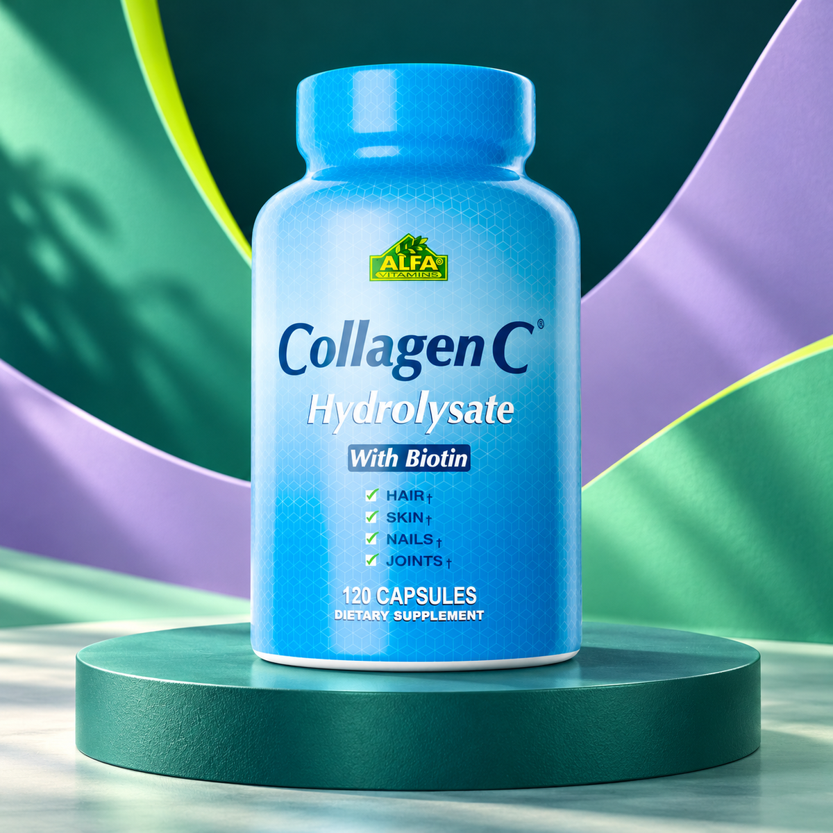 Collagen Biotin C New package shown on a sculpted teal studio display.
