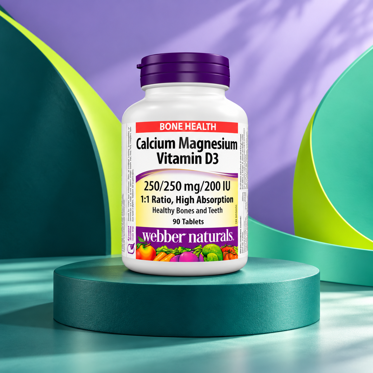 Calcium with Magnesium and Vitamin D3 package shown on a sculpted teal studio display.